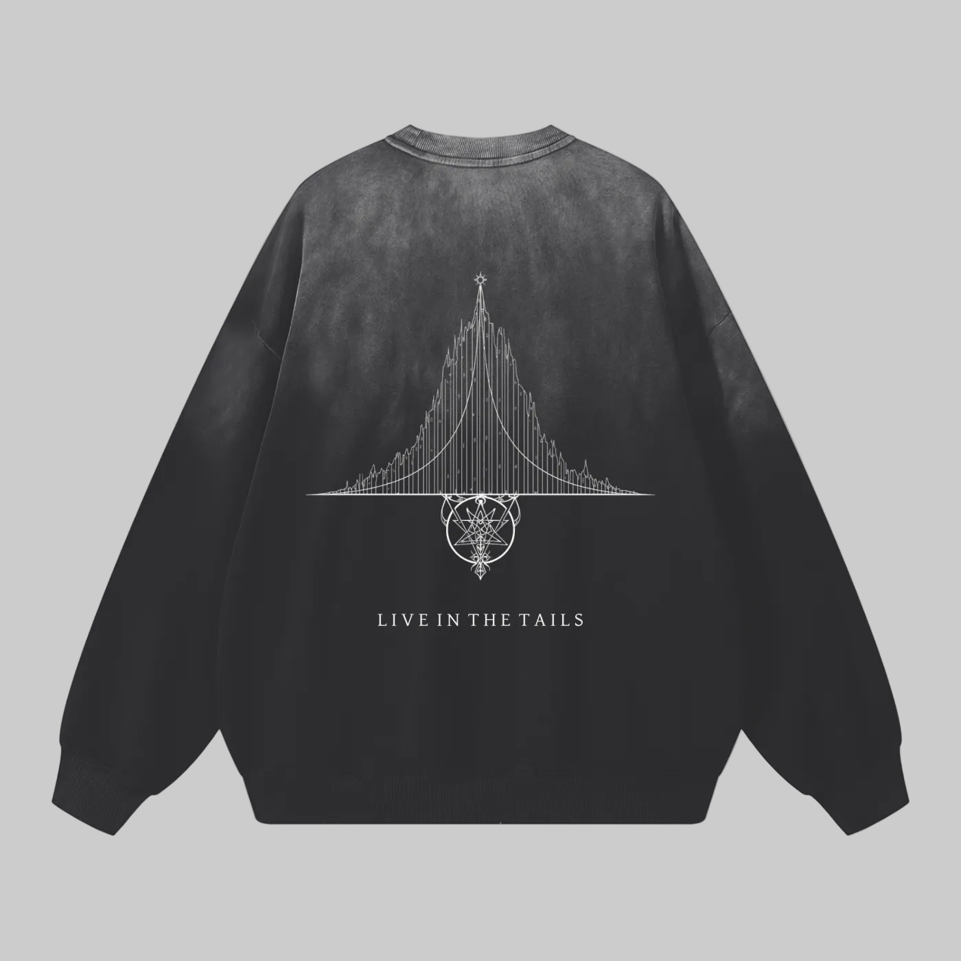 Rear view of the Kurtosis heavyweight long sleeve sweatshirt featuring the "Distribution Sigil" graphic. A large-scale, intricate geometric sigil is centered on the back, printed on a handcrafted, washed-finish fabric.