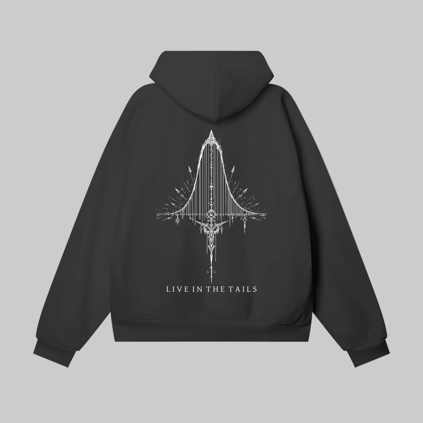Back view of Kurtosis heavy cotton streetwear hoodie featuring a large white sigil distribution print