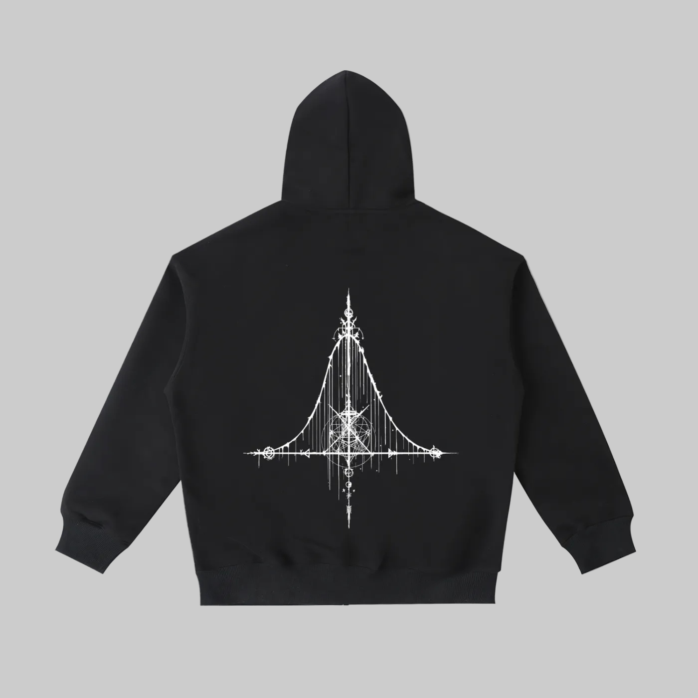 Back view of Kurtosis heavy cotton streetwear zip hoodie featuring a large white sigil distribution print