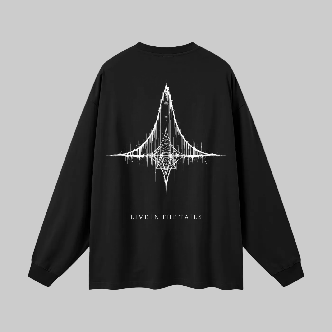 Back view of Kurtosis long sleeve t-shirt showing the Distribution Sigil print. 100% cotton long sleeve with a rigid drape, oversized silhouette, and high-fidelity screen-printed graphic on a 305g/m² fabric base.