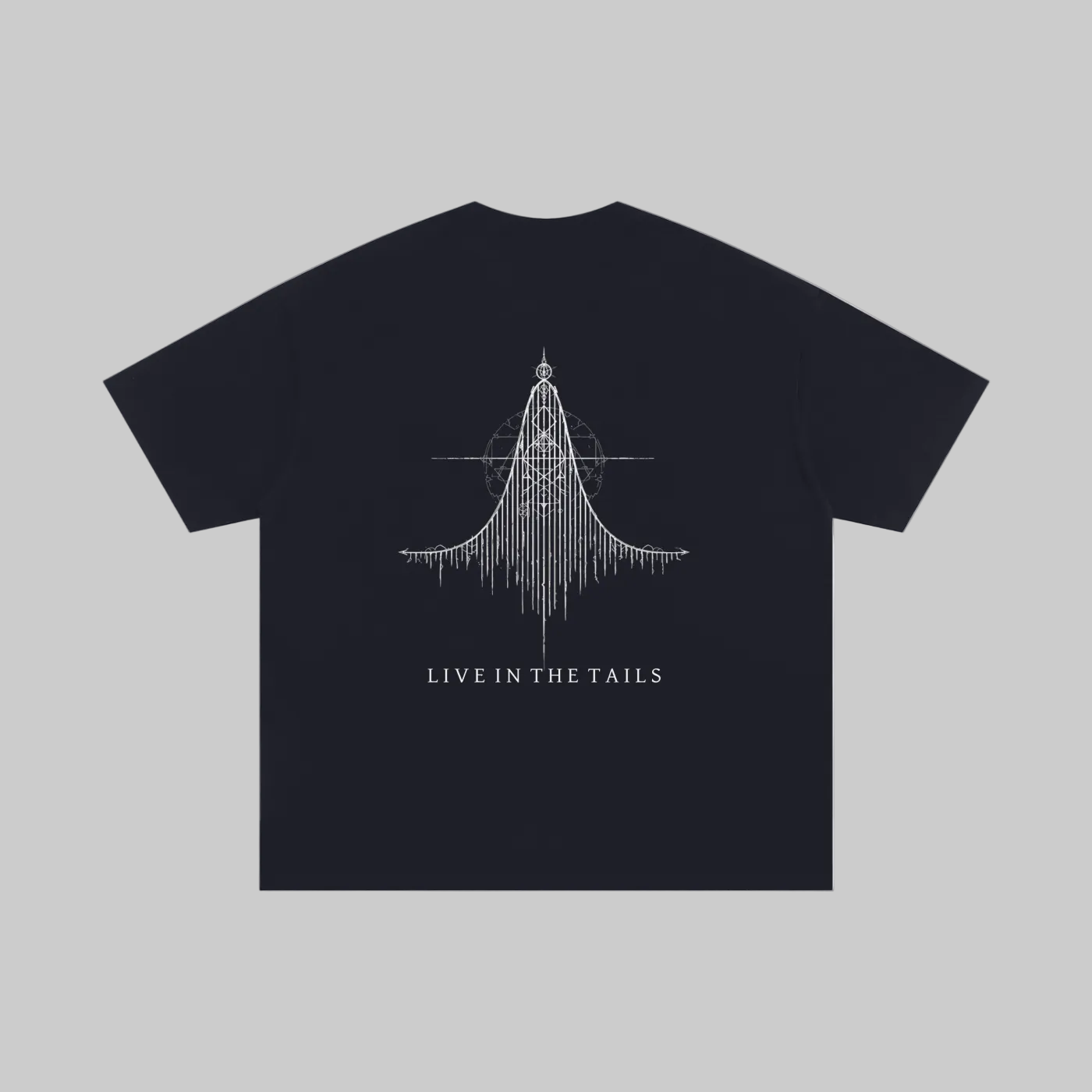Back view of a 100% cotton oversized t-shirt featuring a "Distribution Sigil" graphic and collection name. 250gsm mid-weight fabric with a long-line structural fit and O-neck design.