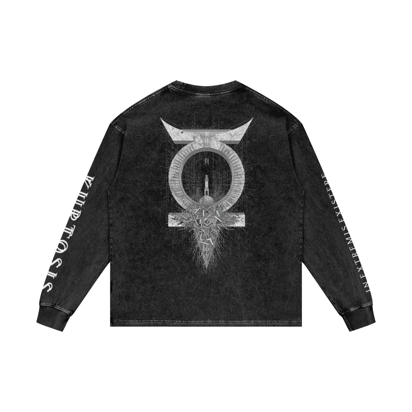 Back view of the KURTOSIS 'IN EXTREMIS EXISTERE I' archive garment. Features a large, detailed brutalist geometric sigil and mathematical fracturing graphic on premium 250 gsm washed grey cotton.