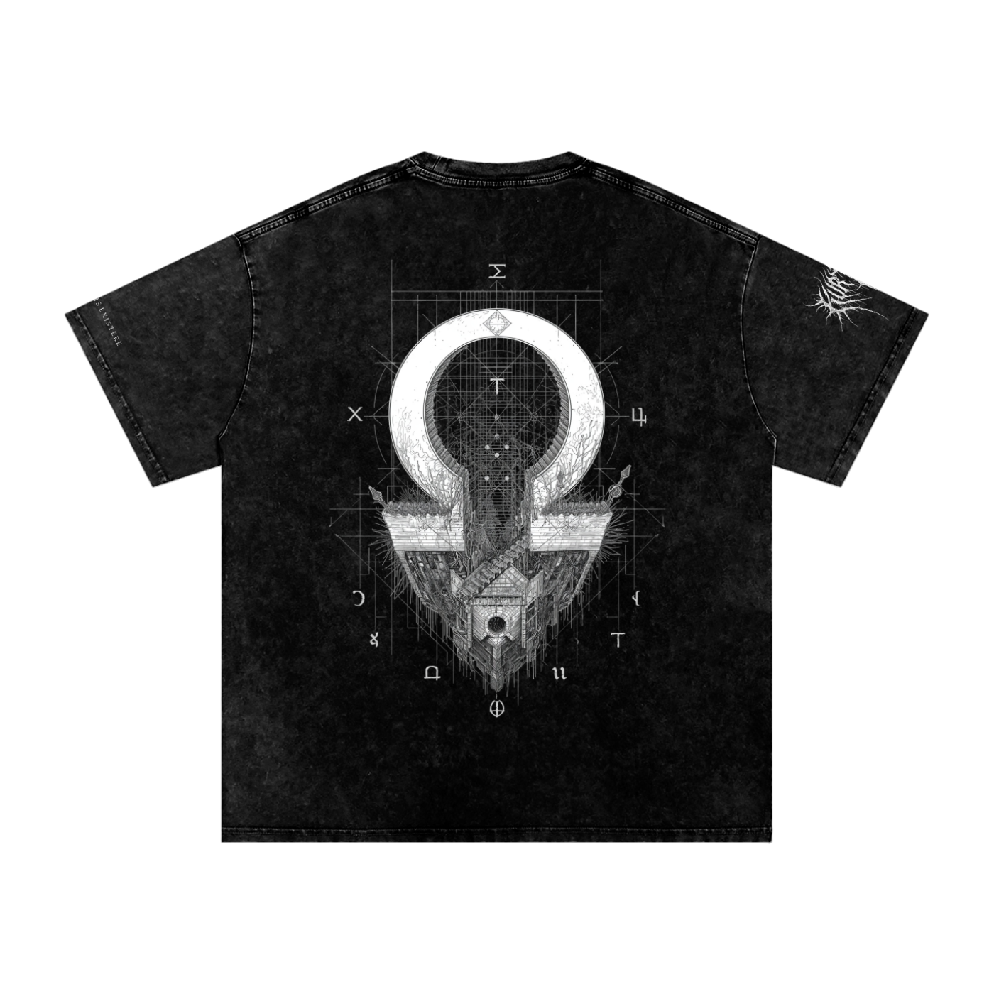 Back view of the KURTOSIS 'RELIC IN EXTREMIS EXISTERE II' archive garment. Features a large, detailed brutalist geometric sigil and mathematical fracturing graphic on premium 250 gsm snow washed cotton.