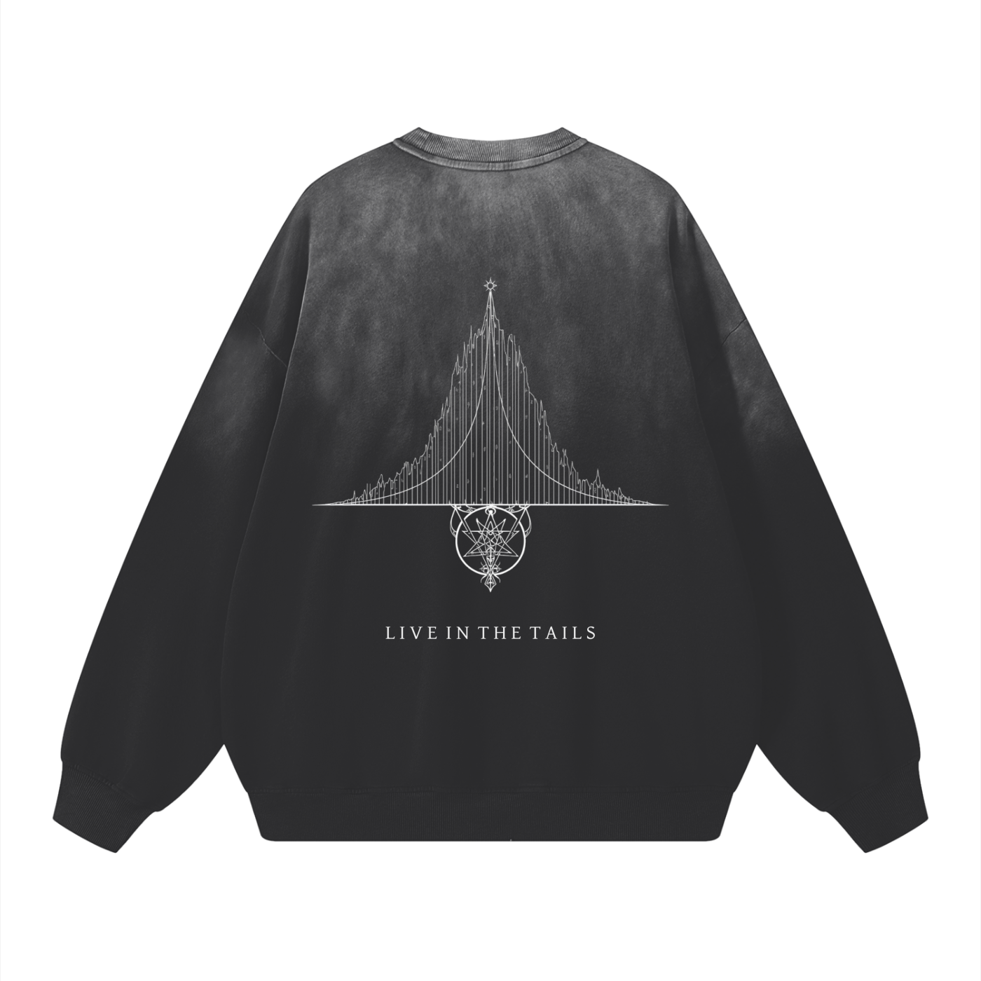 Rear view of the Kurtosis heavyweight long sleeve sweatshirt featuring the "Distribution Sigil" graphic. A large-scale, intricate geometric sigil is centered on the back, printed on a handcrafted, washed-finish fabric.
