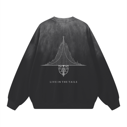 Rear view of the Kurtosis heavyweight long sleeve sweatshirt featuring the "Distribution Sigil" graphic. A large-scale, intricate geometric sigil is centered on the back, printed on a handcrafted, washed-finish fabric.