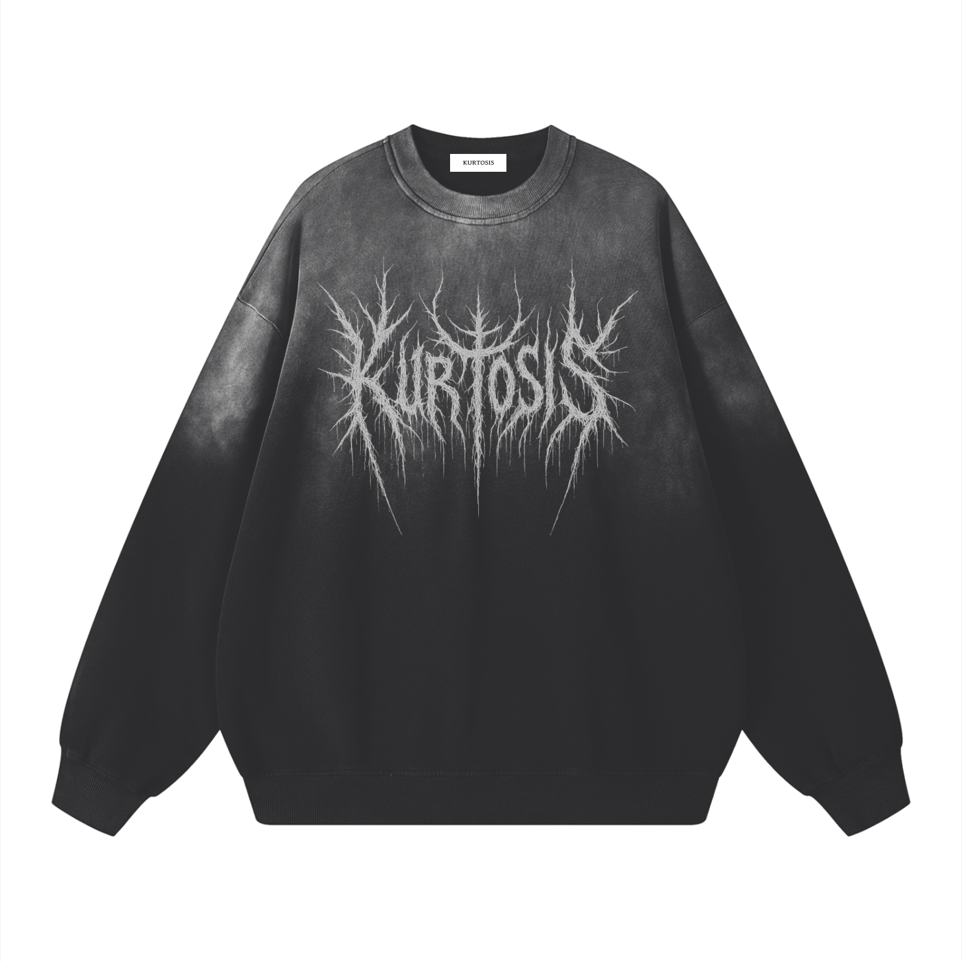 Front view of a heavyweight 350g washed black long sleeve sweatshirt featuring the Kurtosis logo in a spiky, symmetrical Black Metal aesthetic. The fabric shows a premium washed cotton texture with a loose, drop-shoulder fit.