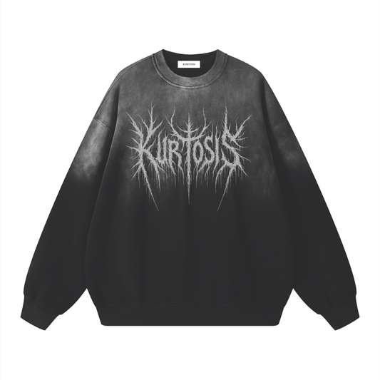 Front view of a heavyweight 350g washed black long sleeve sweatshirt featuring the Kurtosis logo in a spiky, symmetrical Black Metal aesthetic. The fabric shows a premium washed cotton texture with a loose, drop-shoulder fit.