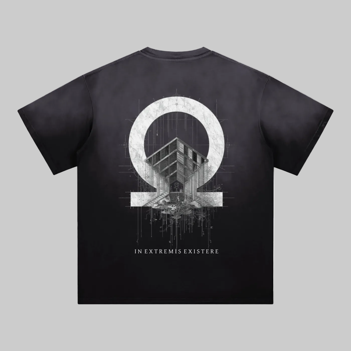 Back graphic of the KURTOSIS IN EXTREMIS EXISTERE IV oversized washed cotton t-shirt with vintage faded treatment and oversized fit.