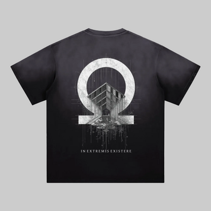 Back graphic of the KURTOSIS IN EXTREMIS EXISTERE IV oversized washed cotton t-shirt with vintage faded treatment and oversized fit.