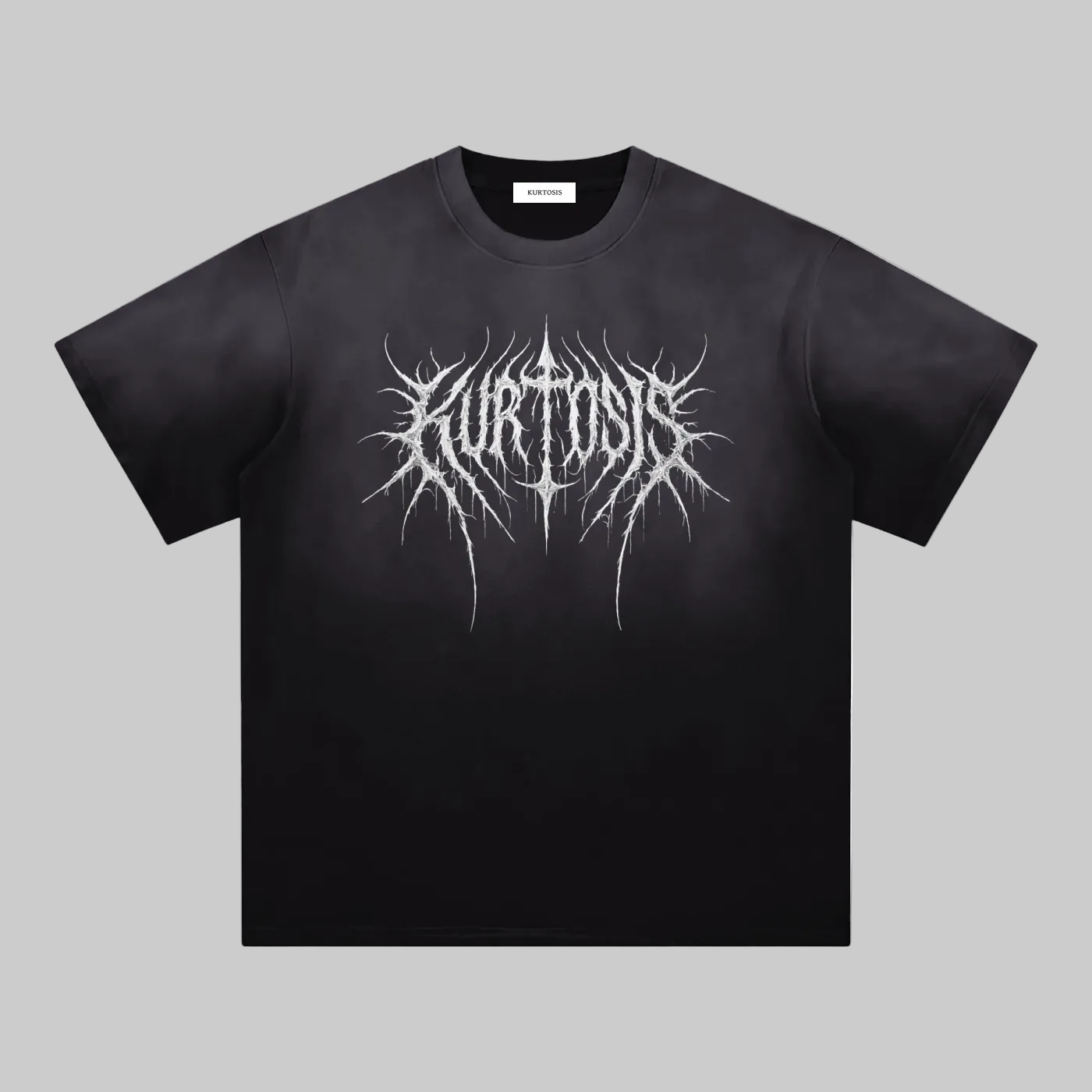 Front view of the KURTOSIS IN EXTREMIS EXISTERE IV heavyweight 250gsm oversized cotton t-shirt featuring a vintage washed finish, dropped shoulders and relaxed silhouette.