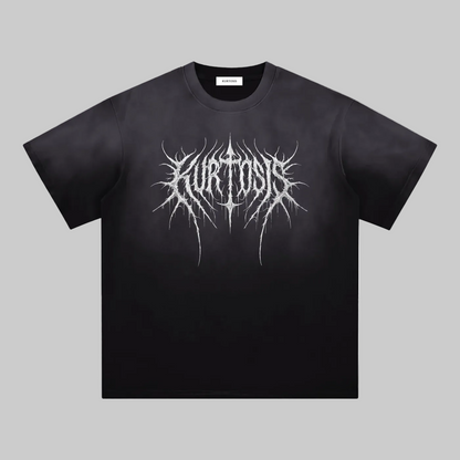 Front view of the KURTOSIS IN EXTREMIS EXISTERE IV heavyweight 250gsm oversized cotton t-shirt featuring a vintage washed finish, dropped shoulders and relaxed silhouette.