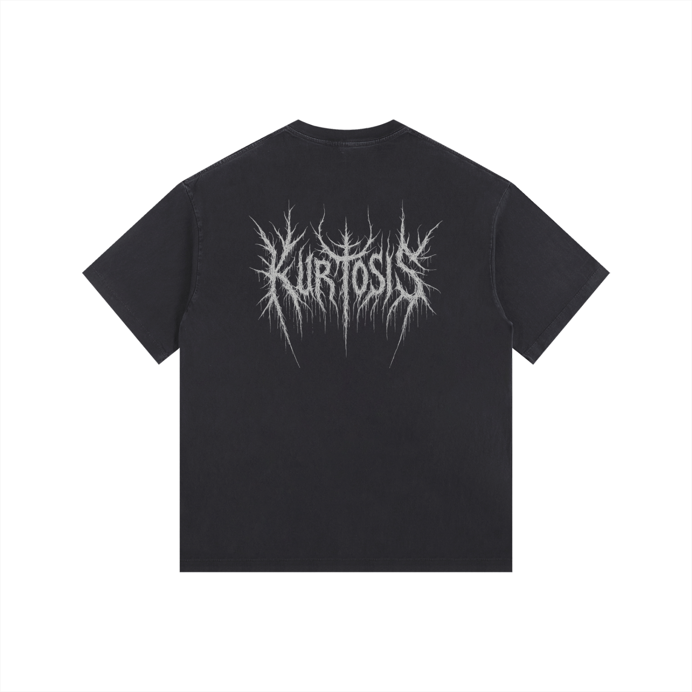 Back view of a 260 g/m² vintage washed cotton oversized tee featuring a large Kurtosis logo in a sharp black metal aesthetic. Structural loose fit with reinforced round neck and high-density weave.