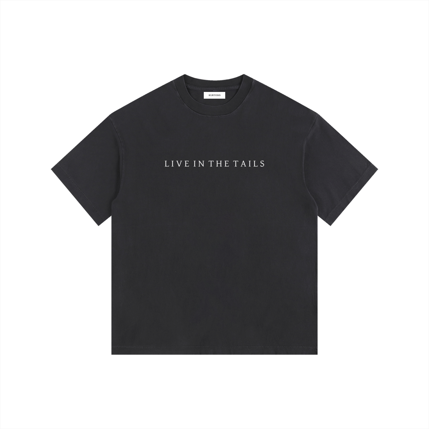 Front view of a vintage washed black oversized t-shirt featuring the "Live in the Tails" collection title in minimalist white typography. 260gsm heavyweight cotton with a thick, premium washed finish and drop shoulder silhouette.