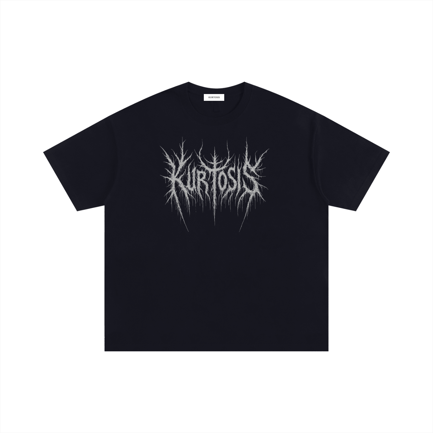Front view of a premium black oversized t-shirt featuring a "Kurtosis" logo in a sharp black metal aesthetic. 250 g/m² heavyweight 100% cotton construction with a drop shoulder silhouette.