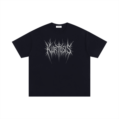 Front view of a premium black oversized t-shirt featuring a "Kurtosis" logo in a sharp black metal aesthetic. 250 g/m² heavyweight 100% cotton construction with a drop shoulder silhouette.