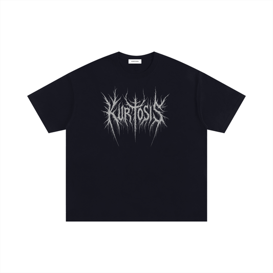 Front view of a premium black oversized t-shirt featuring a "Kurtosis" logo in a sharp black metal aesthetic. 250 g/m² heavyweight 100% cotton construction with a drop shoulder silhouette.