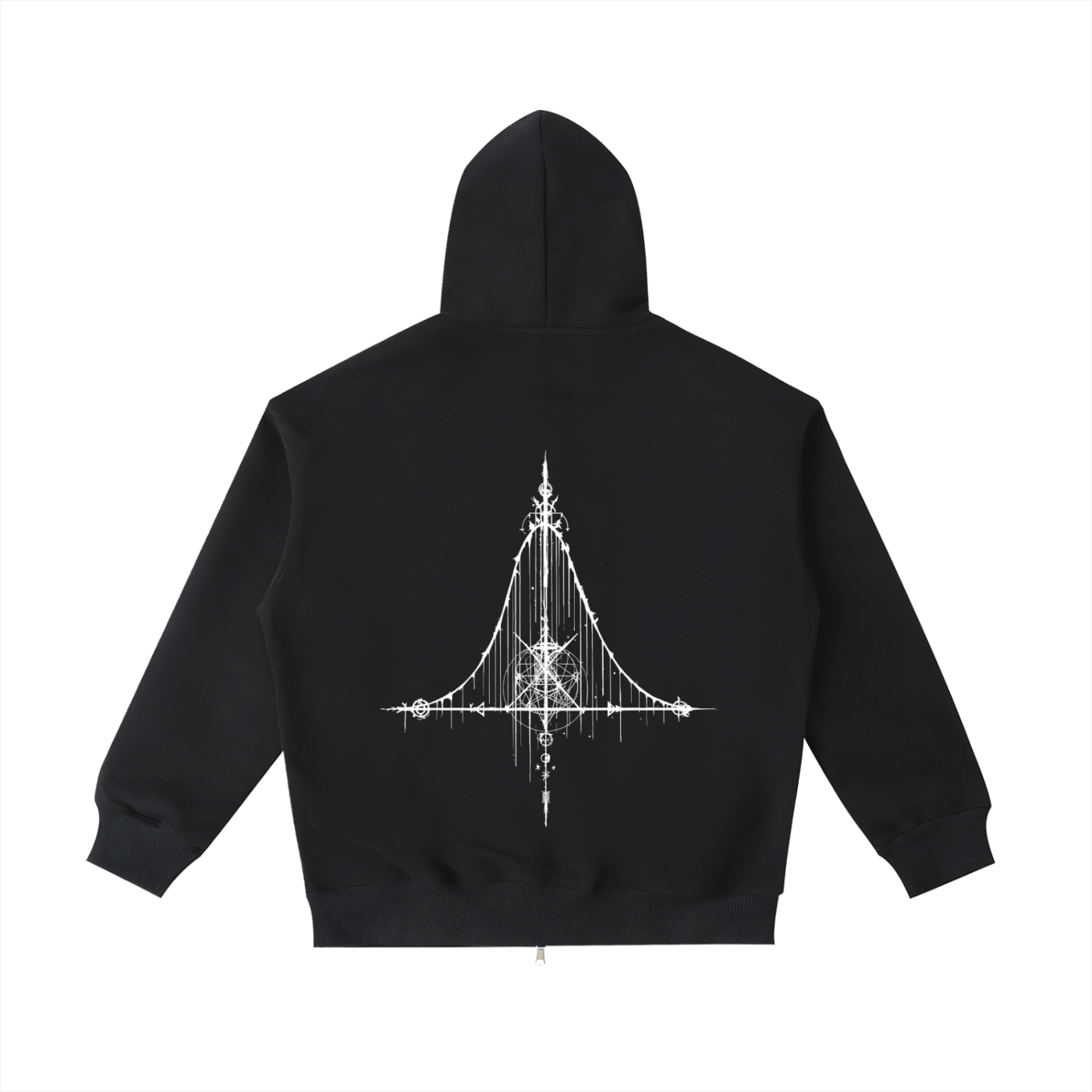Back view of Kurtosis heavy cotton streetwear zip hoodie featuring a large white sigil distribution print