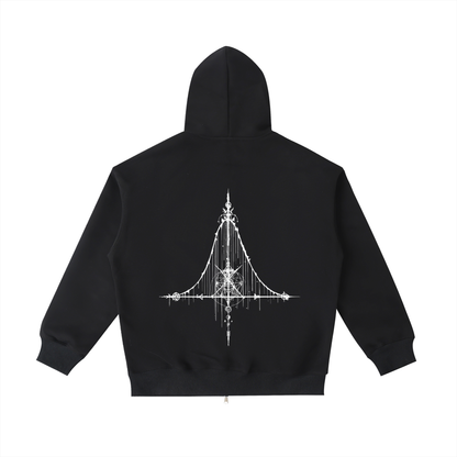 Back view of Kurtosis heavy cotton streetwear zip hoodie featuring a large white sigil distribution print