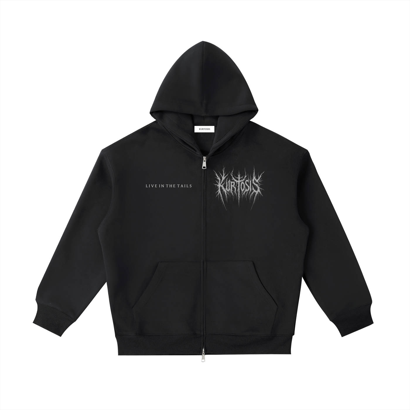 Front view of Kurtosis oversized black metal zip hoodie with heavy cotton fabric.