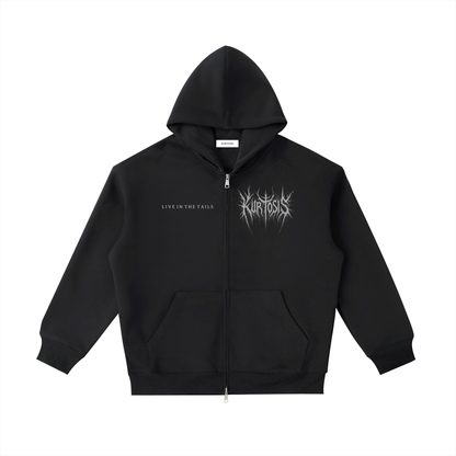 Front view of Kurtosis oversized black metal zip hoodie with heavy cotton fabric.