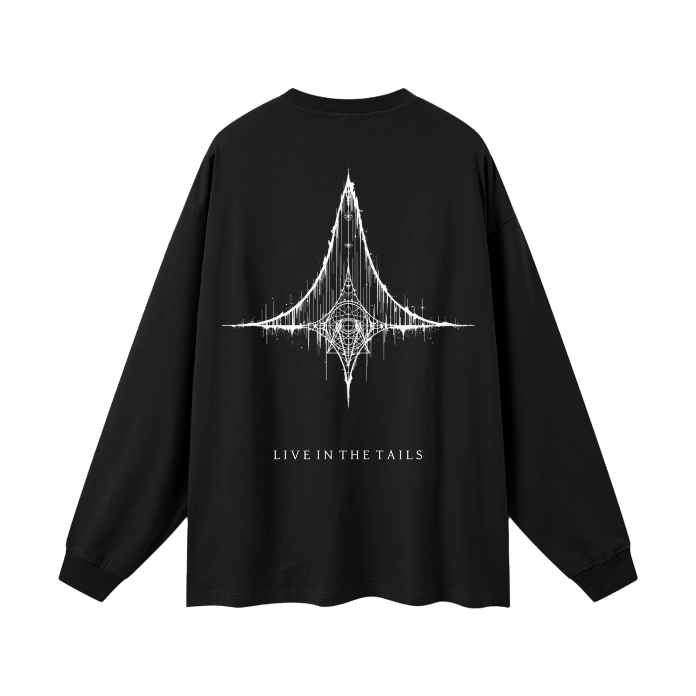 Back view of Kurtosis long sleeve t-shirt showing the Distribution Sigil print. 100% cotton long sleeve with a rigid drape, oversized silhouette, and high-fidelity screen-printed graphic on a 305g/m² fabric base.