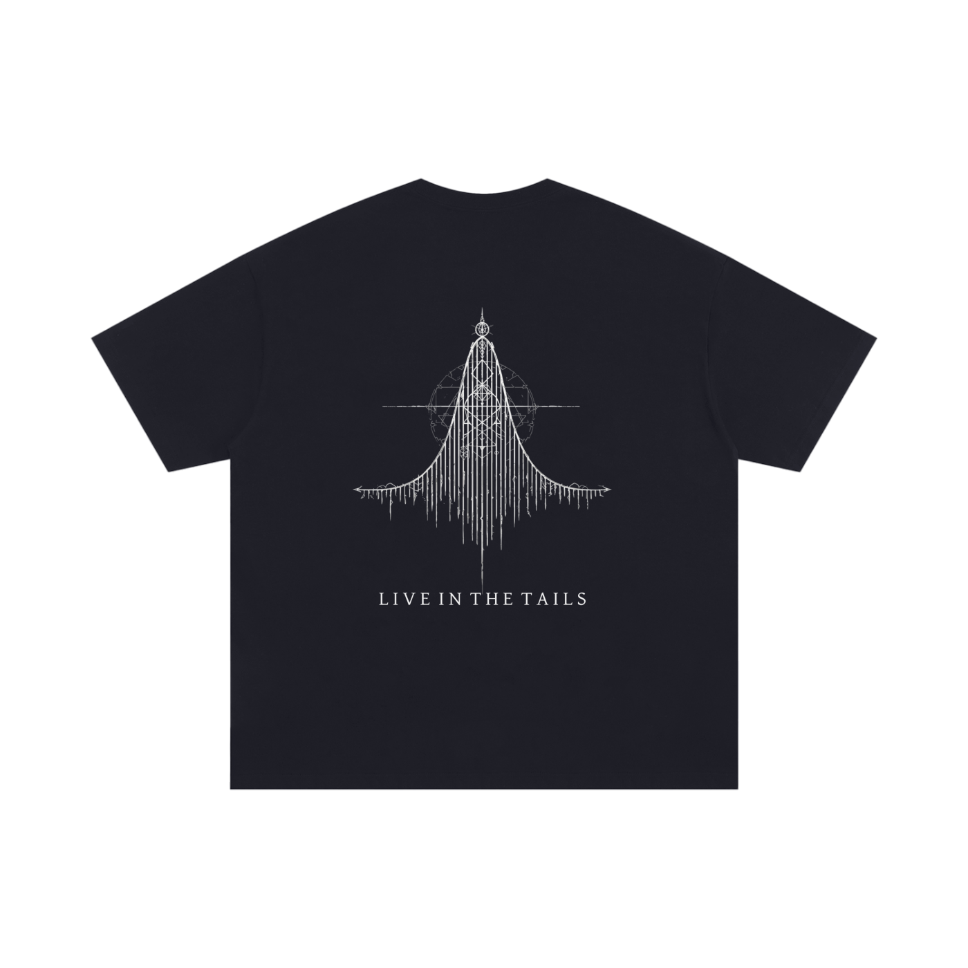 Back view of a 100% cotton oversized t-shirt featuring a "Distribution Sigil" graphic and collection name. 250gsm mid-weight fabric with a long-line structural fit and O-neck design.