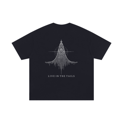 Back view of a 100% cotton oversized t-shirt featuring a "Distribution Sigil" graphic and collection name. 250gsm mid-weight fabric with a long-line structural fit and O-neck design.