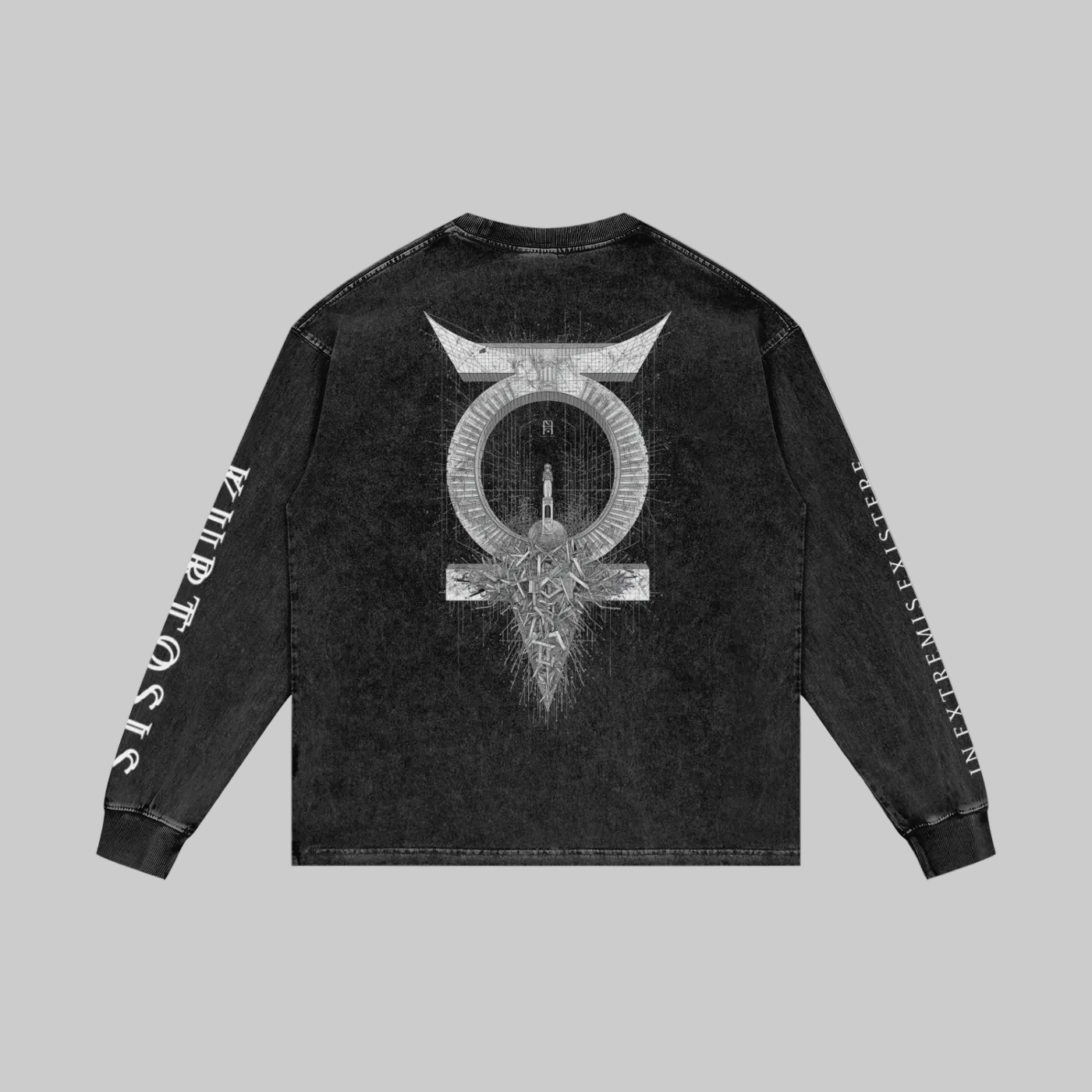 Back view of the KURTOSIS 'IN EXTREMIS EXISTERE I' archive garment. Features a large, detailed brutalist geometric sigil and mathematical fracturing graphic on premium 250 gsm washed grey cotton.