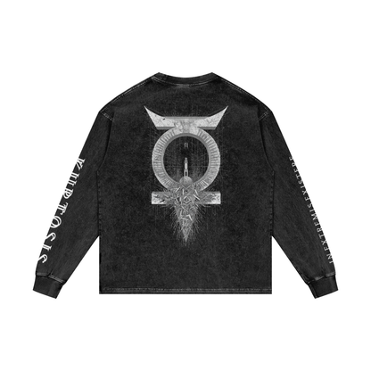 Back view of the KURTOSIS 'IN EXTREMIS EXISTERE I' archive garment. Features a large, detailed brutalist geometric sigil and mathematical fracturing graphic on premium 250 gsm washed grey cotton.