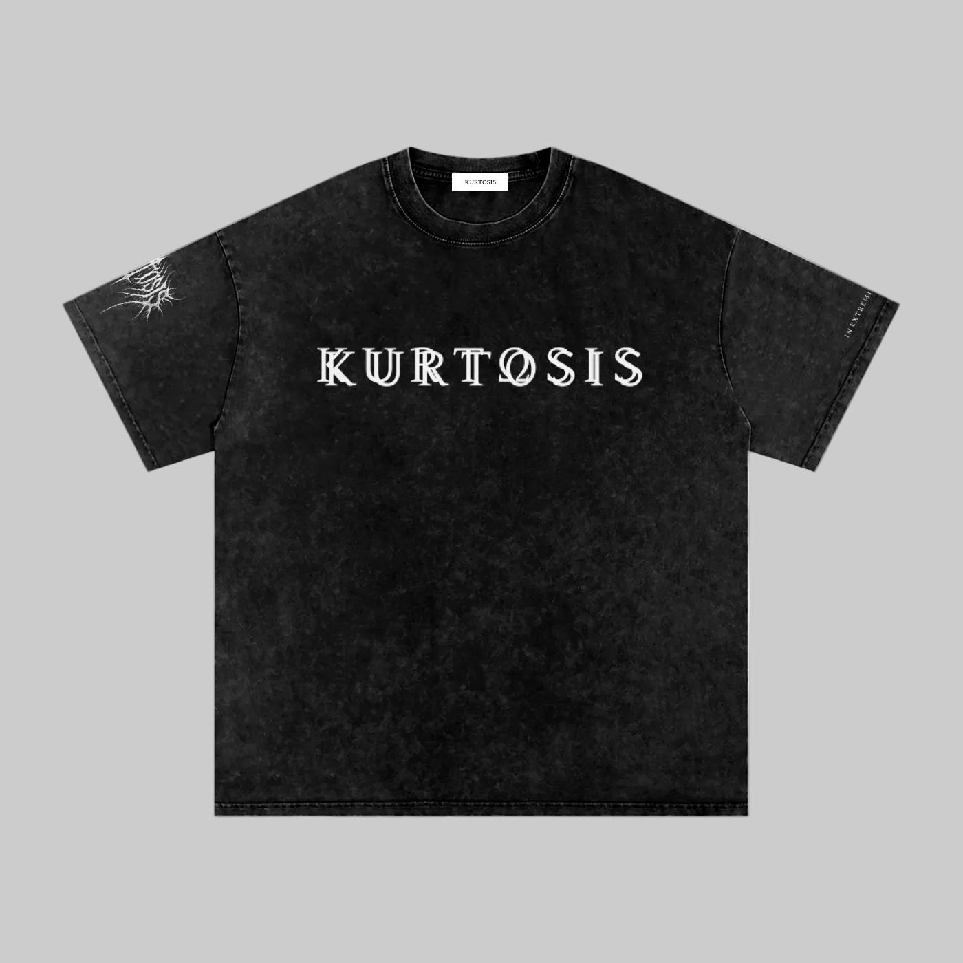 Front geometry of the KURTOSIS IN EXTREMIS EXISTERE II heavy cotton short sleeve shirt. Features a textured ashen snow wash finish with a jagged black metal style typography graphic across the chest and a loose, dropped shoulder silhouette.