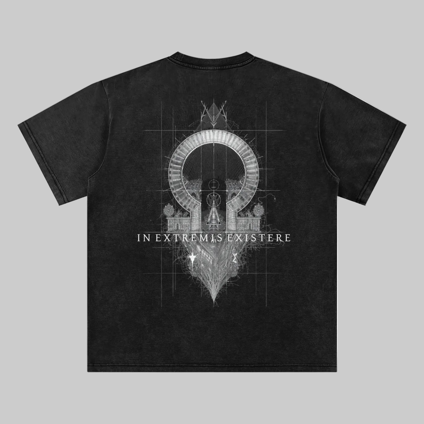 Back view of the KURTOSIS ‘IN EXTREMIS EXISTERE I’ oversized t-shirt. Features a large architectural geometric sigil with fractal and mathematical structure, printed on a washed black 245 gsm cotton blend, evoking entropy, boundary collapse, and residual system geometry.