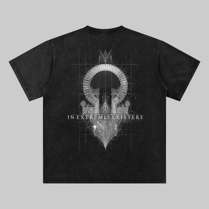 Back view of the KURTOSIS ‘IN EXTREMIS EXISTERE I’ oversized t-shirt. Features a large architectural geometric sigil with fractal and mathematical structure, printed on a washed black 245 gsm cotton blend, evoking entropy, boundary collapse, and residual system geometry.