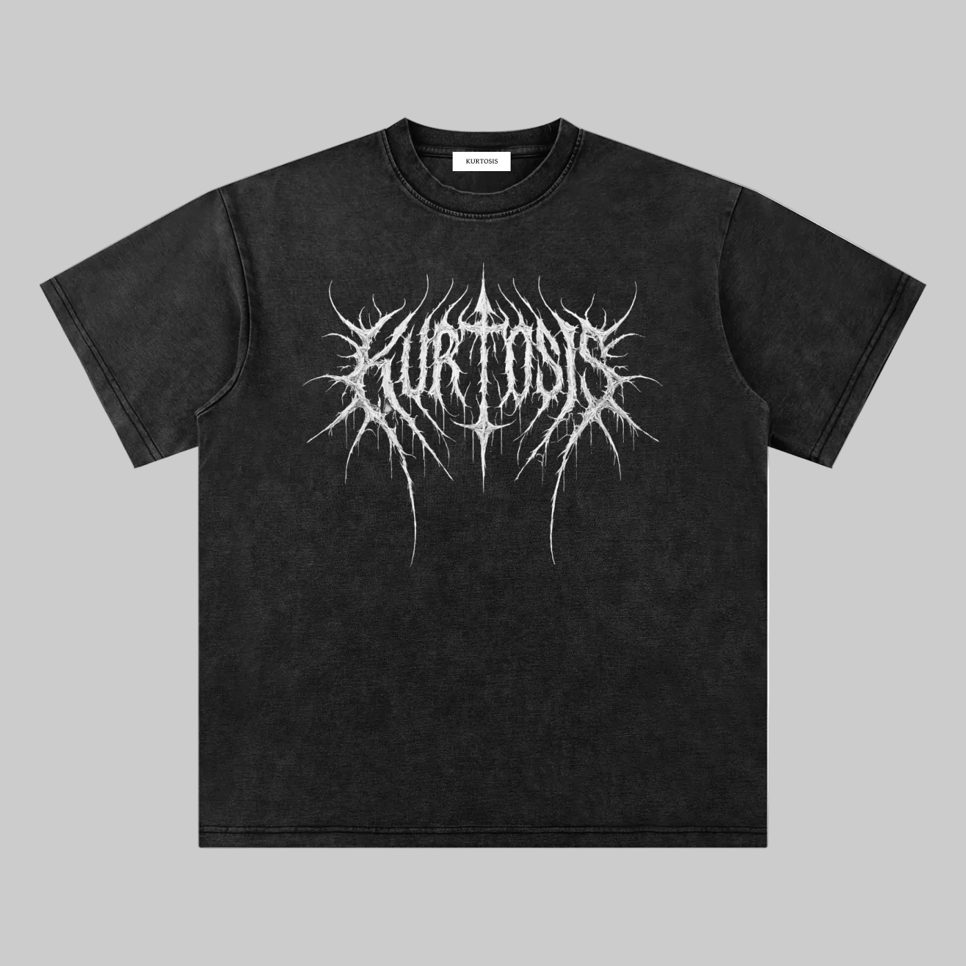 Front view of the KURTOSIS ‘IN EXTREMIS EXISTERE III’ washed black oversized t-shirt. Features a vintage mineral wash finish with subtle tonal degradation and a distorted black metal typography chest graphic, evoking a degraded signal across a structural cotton blend matrix.