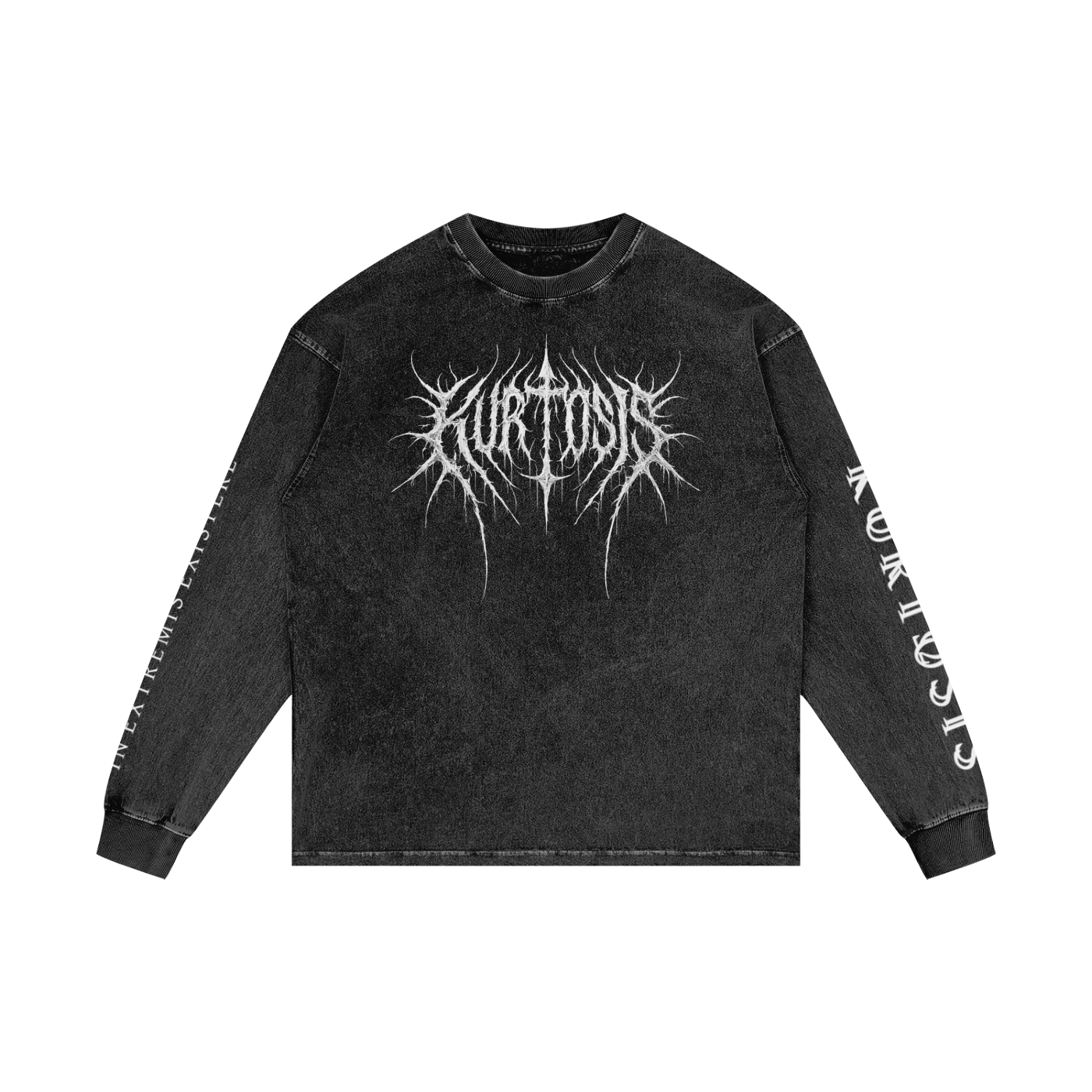Front geometry of the KURTOSIS 'IN EXTREMIS EXISTERE I' heavy cotton long sleeve shirt. Features a textured ashen mineral wash finish with a jagged black metal style typography graphic across the chest and technical darkwear sleeve prints.