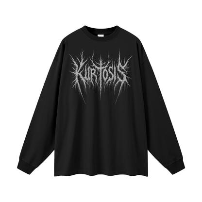 Front view of Kurtosis heavyweight 305g/m² cotton long sleeve featuring the Kurtosis black metal logo. Structural loose fit with drop shoulder architecture and high-density 100% cotton texture.