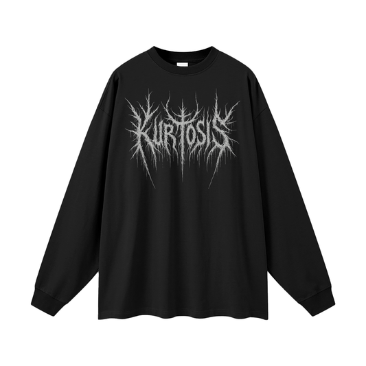 Front view of Kurtosis heavyweight 305g/m² cotton long sleeve featuring the Kurtosis black metal logo. Structural loose fit with drop shoulder architecture and high-density 100% cotton texture.