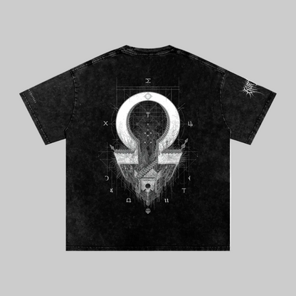 Back view of the KURTOSIS 'RELIC  IN EXTREMIS EXISTERE II' archive garment. Features a large, detailed brutalist geometric sigil and mathematical fracturing graphic on premium 250 gsm snow washed cotton.